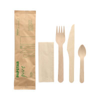 500 Bestecksets Holz "pure" : Messer, Gabel, Kaffeelöffel, Serviette in Papierbeutel
