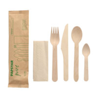 500 Bestecksets Holz "pure" : Messer, Gabel, Löffel, Kaffeelöffel, Serviette in Papierbeutel