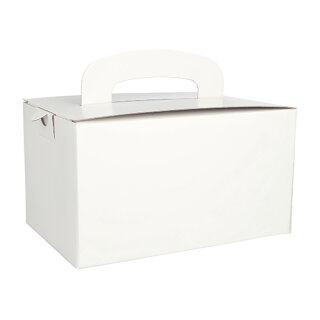 100 Lunch-Boxen, Pappe "pure" eckig 12,5 cm x 15,5 cm x 22,5 cm weiss mit Tragegriff