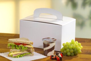 100 Lunch-Boxen, Pappe pure eckig 12,5 cm x 15,5 cm x 22,5 cm weiss mit Tragegriff