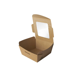 480 Feinkostboxen, Pappe mit Sichtfenster aus PLA "pure" eckig 350 ml 4,5 cm x 9 cm x 9 cm braun "100% Fair"