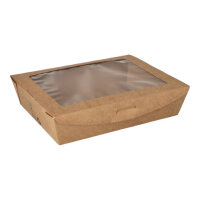 160 Feinkostboxen, Pappe mit Sichtfenster aus PLA "pure" eckig 1000 ml 4,5 cm x 18 cm x 13,5 cm braun "100% Fair"