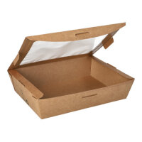 160 Feinkostboxen, Pappe mit Sichtfenster aus PLA "pure" eckig 1000 ml 4,5 cm x 18 cm x 13,5 cm braun "100% Fair"