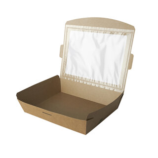 120 Feinkostboxen, Pappe mit Sichtfenster aus PLA "pure" eckig 1500 ml 4,5 cm x 21 cm x 16 cm braun "100% Fair"