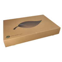 40 Transport- und Catering-Kartons, Pappe "pure" 8 cm x 55,7 cm x 37,6 cm braun "100% Fair" mit Sichtfenster aus PLA