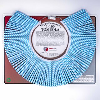 Doppellose am Ring, 100 Tombola Lose  mit Doppelnummern 1-100 blaue Streifen