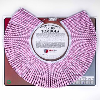 Doppellose am Ring, 100 Tombola Lose  mit Doppelnummern 1-100 rosa Punkte