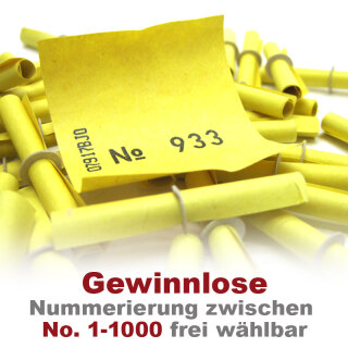 Röllchenlose gelb, Farbenlotterie, 50 Gewinnlose, mögliche Nummerierung 1 - 1000 1 - 50