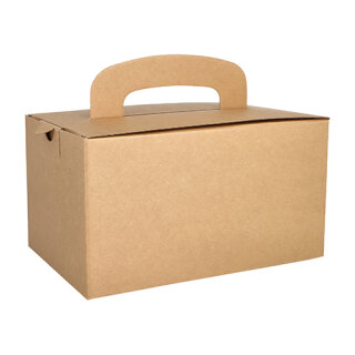 100 Lunch-Boxen, Pappe pure eckig 12,5 cm x 15,5 cm x 22,5 cm braun mit Tragegriff