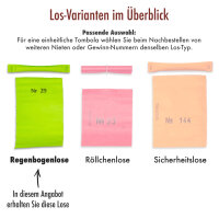 bunte Regenbogenlose - 100 Nieten mit dem Text "Leider kein Gewinn"